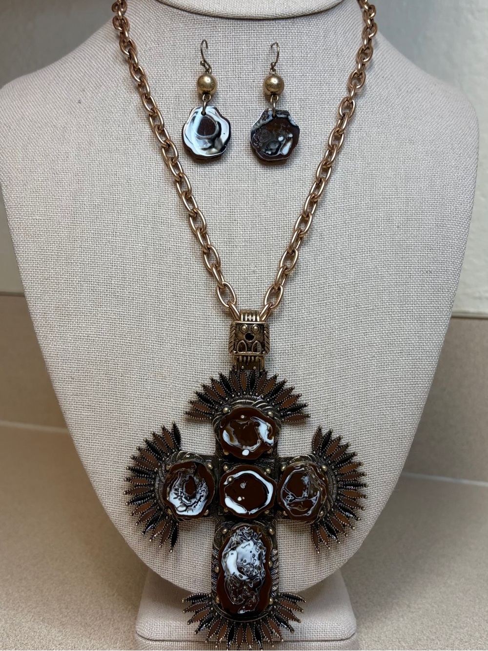 Southwestern Style Cross Statement Necklace & Earrings Set